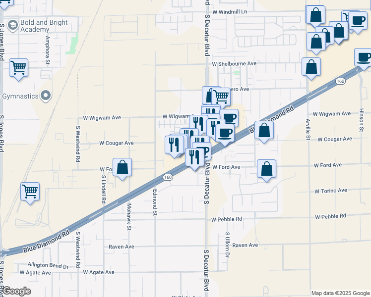 map of restaurants, bars, coffee shops, grocery stores, and more near 4930 Blue Diamond Road in Las Vegas