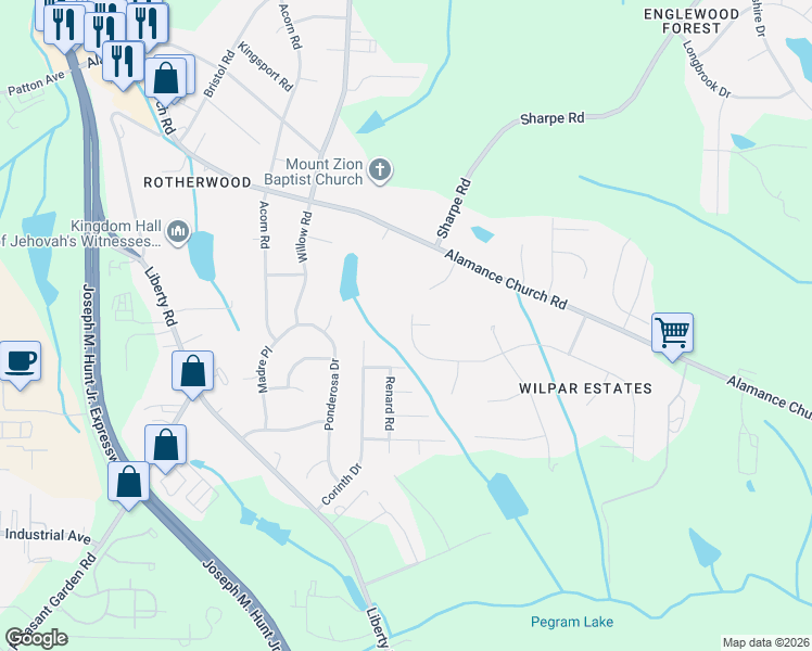 map of restaurants, bars, coffee shops, grocery stores, and more near 2296 North Wilpar Drive in Greensboro