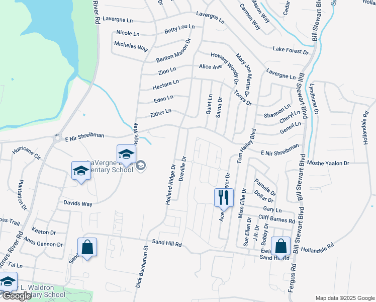 map of restaurants, bars, coffee shops, grocery stores, and more near 153 Dreville Drive in La Vergne
