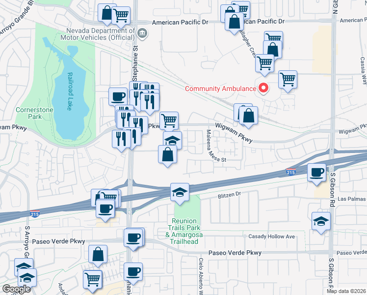 map of restaurants, bars, coffee shops, grocery stores, and more near 1299 Investment Way in Henderson