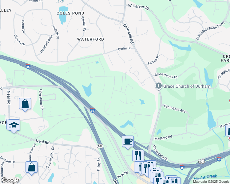 map of restaurants, bars, coffee shops, grocery stores, and more near 4040 Stonewood Lane in Durham