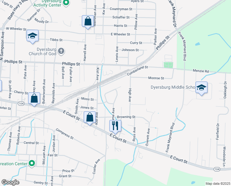 map of restaurants, bars, coffee shops, grocery stores, and more near 375 Hawthorne Avenue in Dyersburg