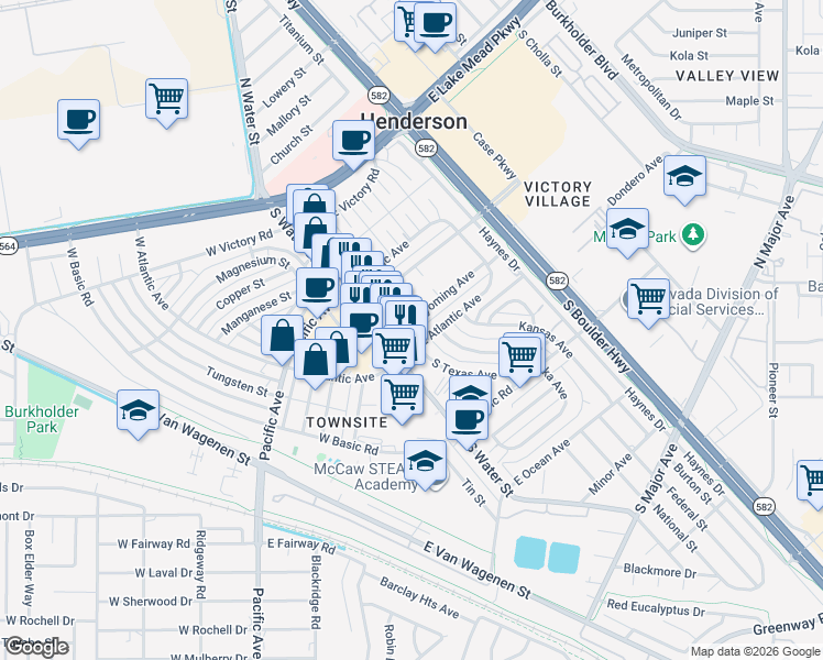 map of restaurants, bars, coffee shops, grocery stores, and more near 3 Wyoming Avenue in Henderson
