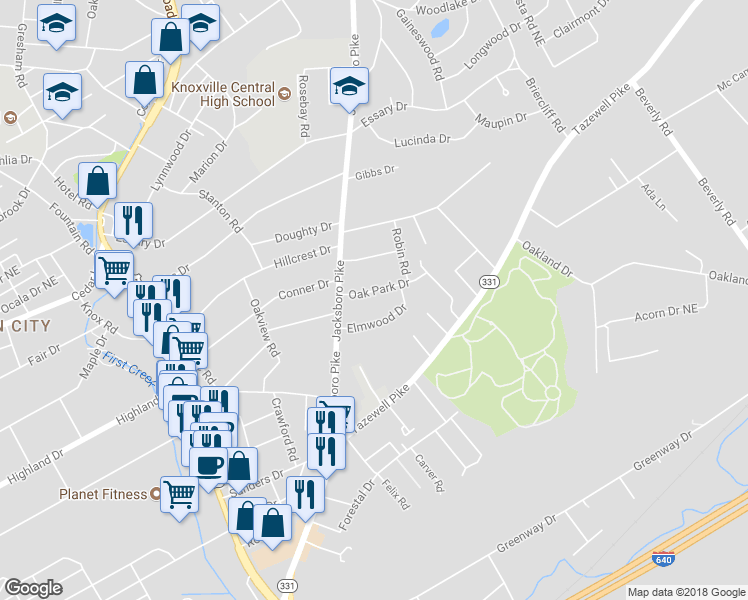 map of restaurants, bars, coffee shops, grocery stores, and more near 306 Oak Park Drive in Knoxville