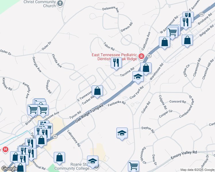 map of restaurants, bars, coffee shops, grocery stores, and more near 104 Thornton Road in Oak Ridge