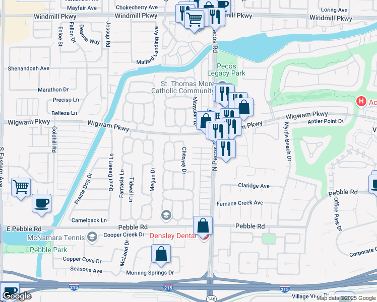 map of restaurants, bars, coffee shops, grocery stores, and more near 66 Chesney Drive in Henderson