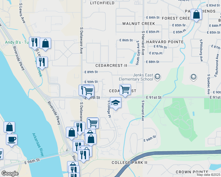 map of restaurants, bars, coffee shops, grocery stores, and more near 8946 South College Place in Tulsa