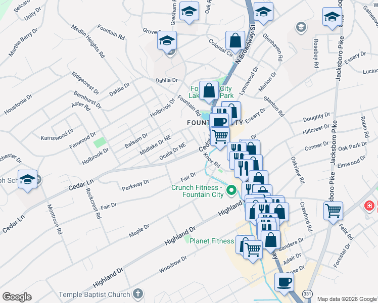 map of restaurants, bars, coffee shops, grocery stores, and more near 2523 Cedar Lane in Knoxville