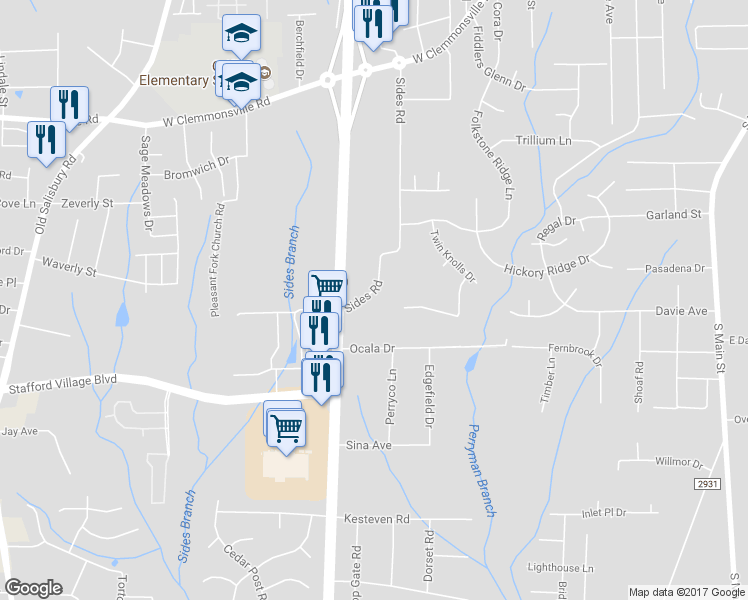 map of restaurants, bars, coffee shops, grocery stores, and more near 3205 Sides Road in Winston-Salem