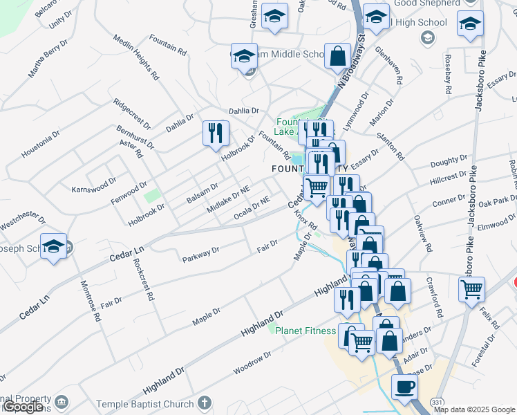 map of restaurants, bars, coffee shops, grocery stores, and more near 412 Ocala Drive Northeast in Knoxville