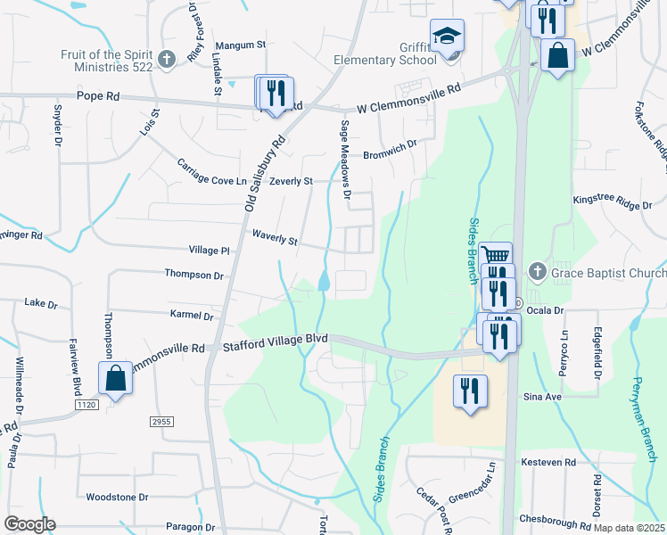 map of restaurants, bars, coffee shops, grocery stores, and more near 3458 Pridgen Ridge Drive in Winston-Salem