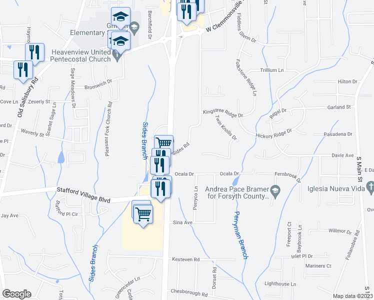 map of restaurants, bars, coffee shops, grocery stores, and more near 3205 Sides Road in Winston-Salem