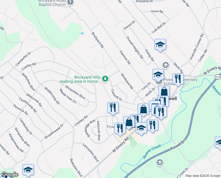 map of restaurants, bars, coffee shops, grocery stores, and more near 2210 Cartmill Drive in Powell