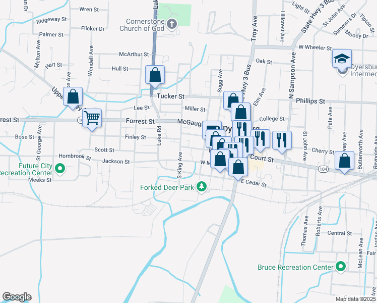 map of restaurants, bars, coffee shops, grocery stores, and more near 425 West Court Street in Dyersburg