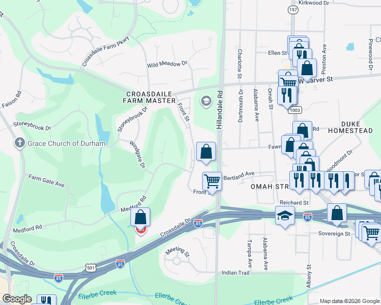 map of restaurants, bars, coffee shops, grocery stores, and more near 1917 Front Street in Durham
