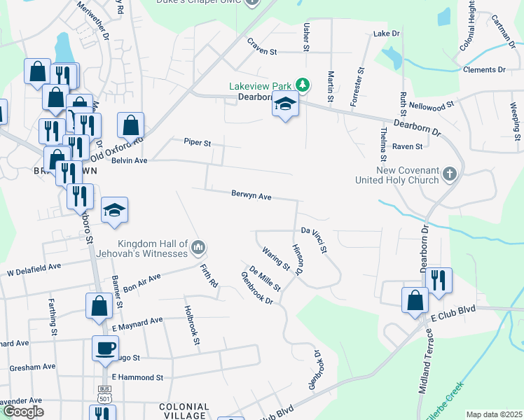 map of restaurants, bars, coffee shops, grocery stores, and more near 810 Berwyn Avenue in Durham
