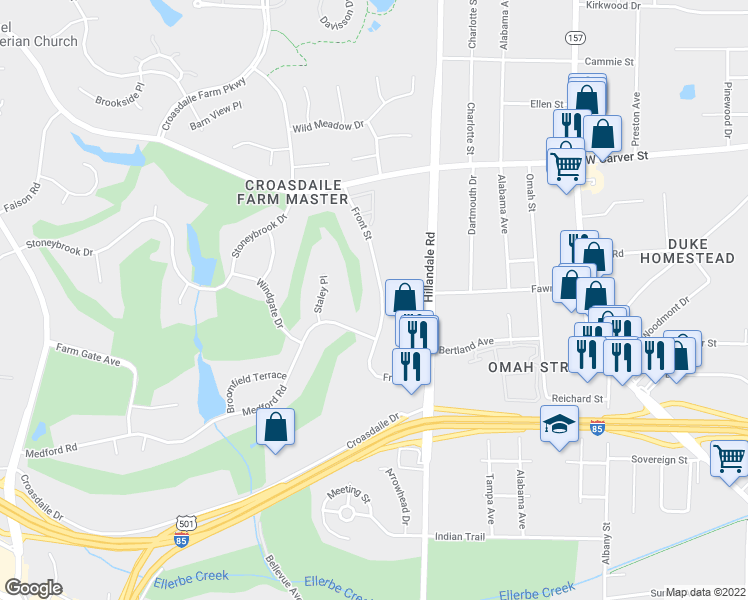 map of restaurants, bars, coffee shops, grocery stores, and more near 1917 Front Street in Durham