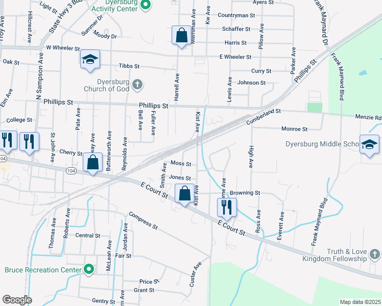 map of restaurants, bars, coffee shops, grocery stores, and more near 1315 Cumberland Street in Dyersburg