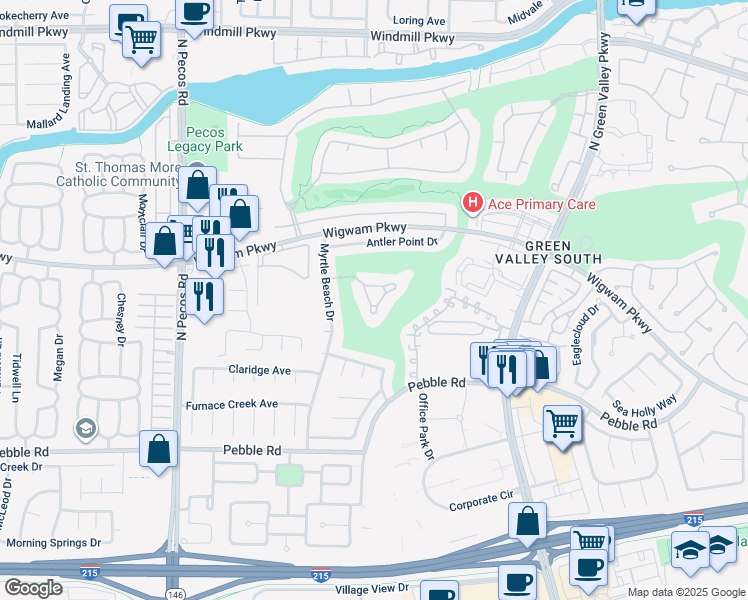 map of restaurants, bars, coffee shops, grocery stores, and more near 2421 Legacy Island Circle in Henderson