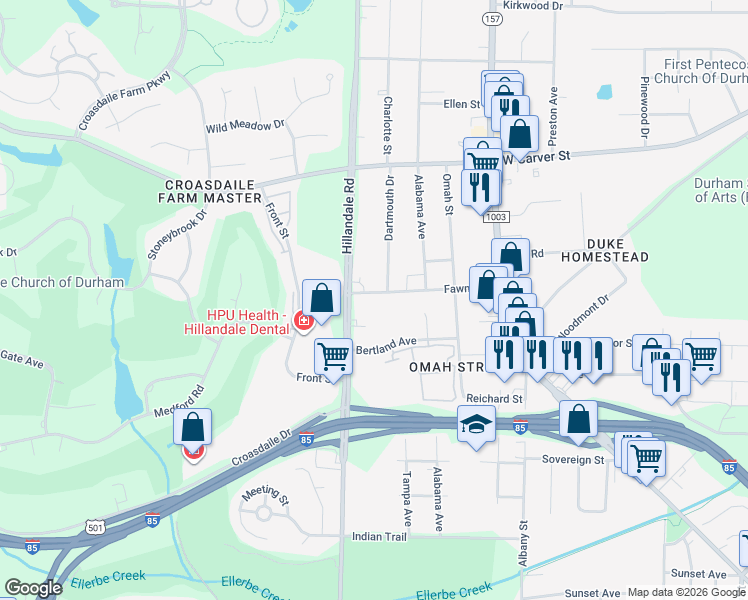 map of restaurants, bars, coffee shops, grocery stores, and more near 2917 Fawn Avenue in Durham