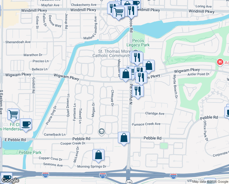 map of restaurants, bars, coffee shops, grocery stores, and more near 66 Chesney Drive in Henderson