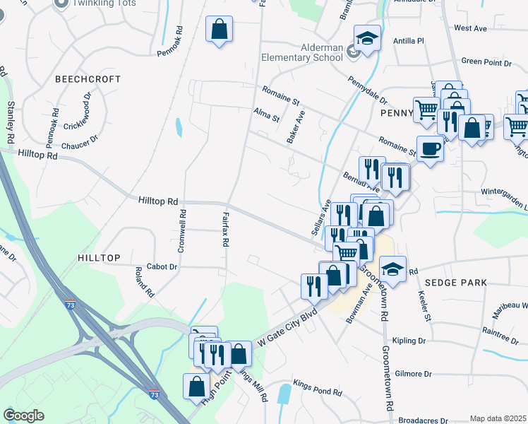 map of restaurants, bars, coffee shops, grocery stores, and more near 4320 Hilltop Road in Greensboro