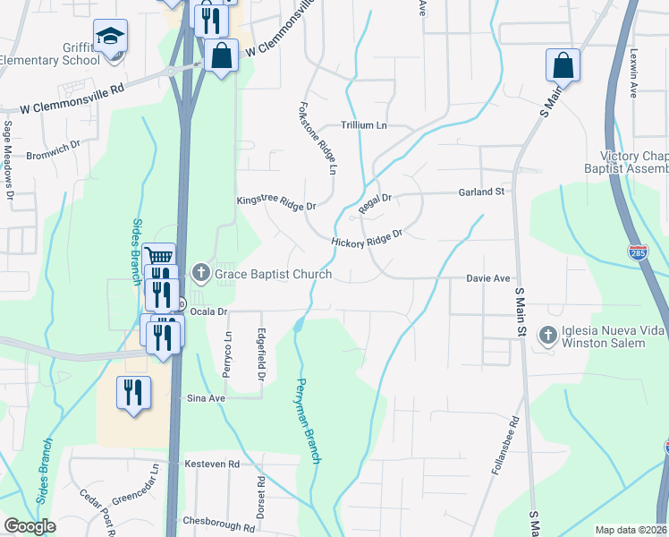 map of restaurants, bars, coffee shops, grocery stores, and more near 4436 Eagles Nest Drive in Winston-Salem