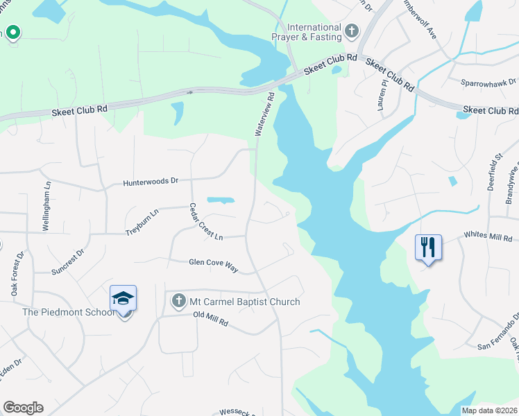 map of restaurants, bars, coffee shops, grocery stores, and more near 4101 Waterview Road in High Point