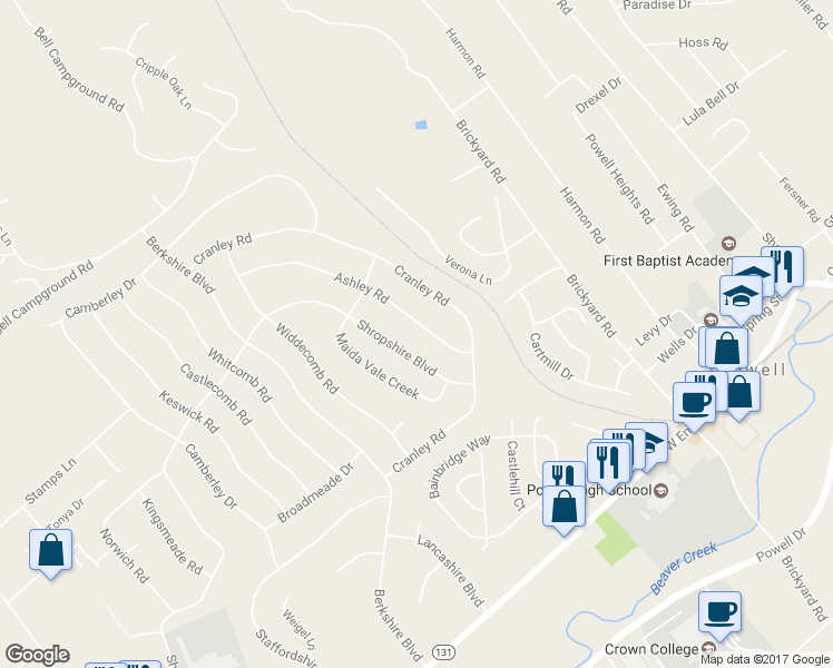 map of restaurants, bars, coffee shops, grocery stores, and more near 7729 Ashley Road in Powell