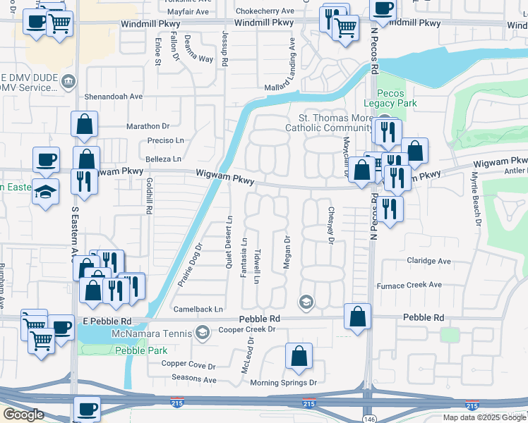 map of restaurants, bars, coffee shops, grocery stores, and more near 92 Urbana Drive in Henderson