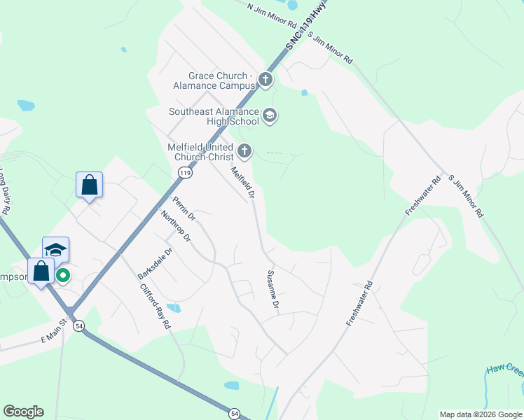 map of restaurants, bars, coffee shops, grocery stores, and more near 2256 Melfield Drive in Haw River