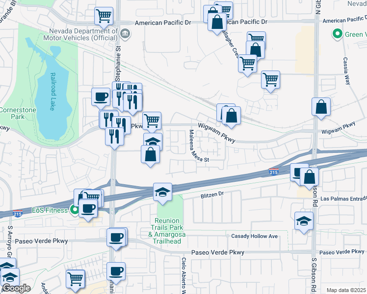 map of restaurants, bars, coffee shops, grocery stores, and more near 67 Dow Jones Street in Henderson