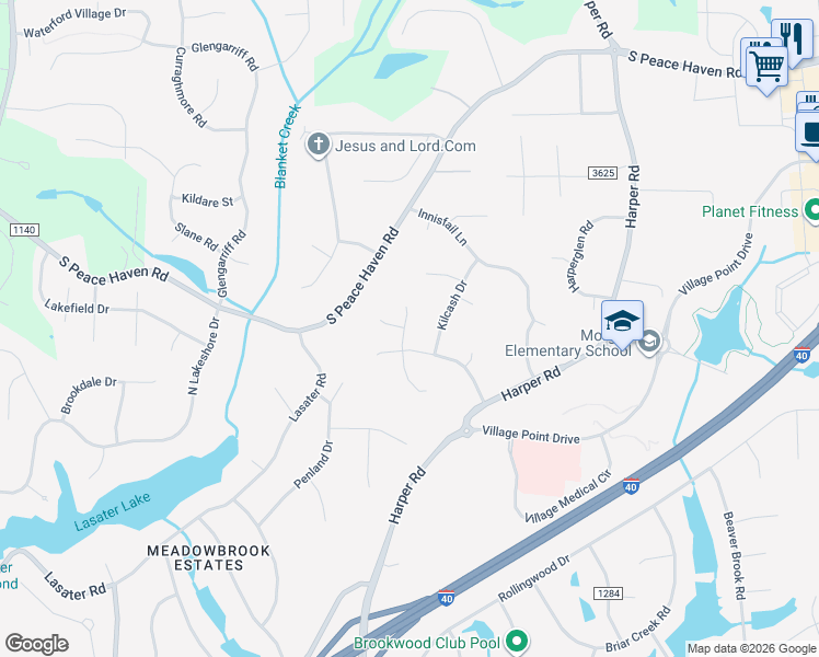 map of restaurants, bars, coffee shops, grocery stores, and more near 3405 Donegal Drive in Clemmons