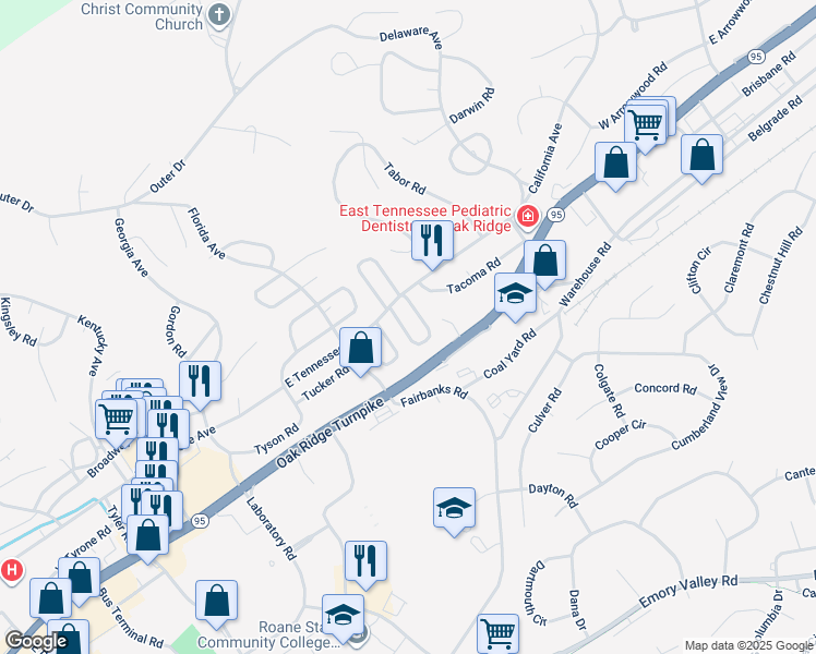 map of restaurants, bars, coffee shops, grocery stores, and more near 105 Thornton Road in Oak Ridge
