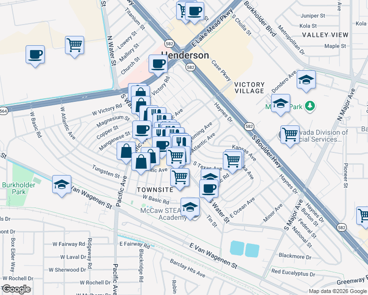 map of restaurants, bars, coffee shops, grocery stores, and more near 3 Wyoming Avenue in Henderson