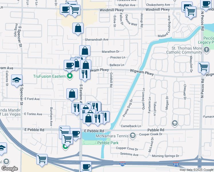 map of restaurants, bars, coffee shops, grocery stores, and more near 2574 Quail Canyon Avenue in Henderson