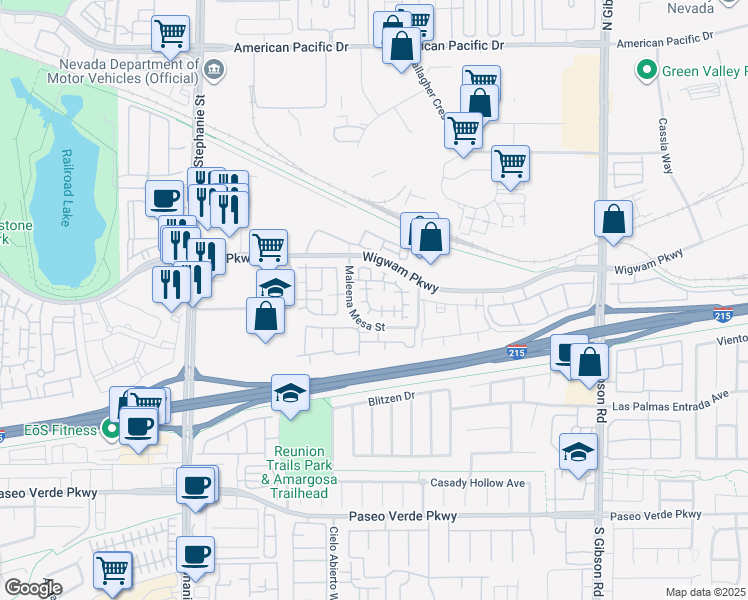 map of restaurants, bars, coffee shops, grocery stores, and more near 70 Miralago Avenue in Henderson