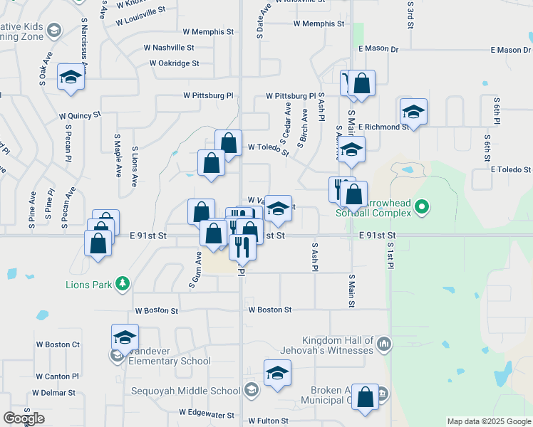 map of restaurants, bars, coffee shops, grocery stores, and more near 1806 South Date Avenue in Broken Arrow