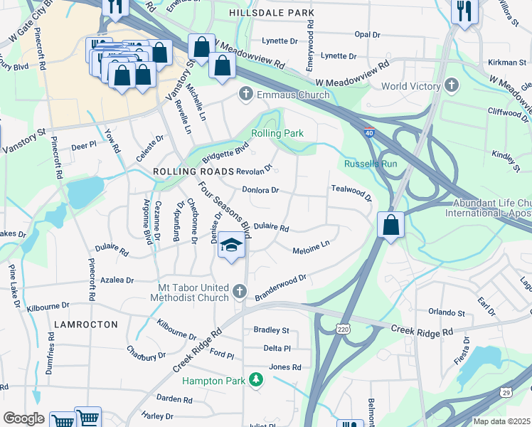 map of restaurants, bars, coffee shops, grocery stores, and more near 2414 Deverow Place in Greensboro