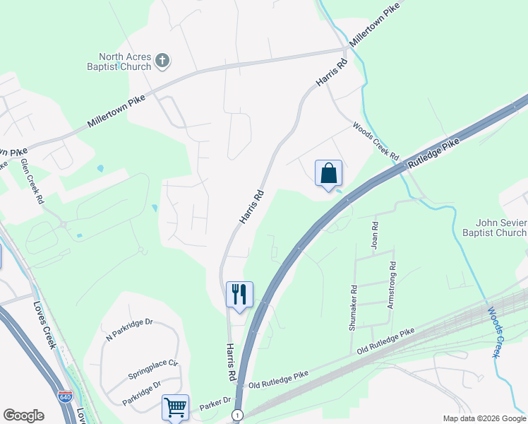 map of restaurants, bars, coffee shops, grocery stores, and more near 1938 Harris Road in Knoxville