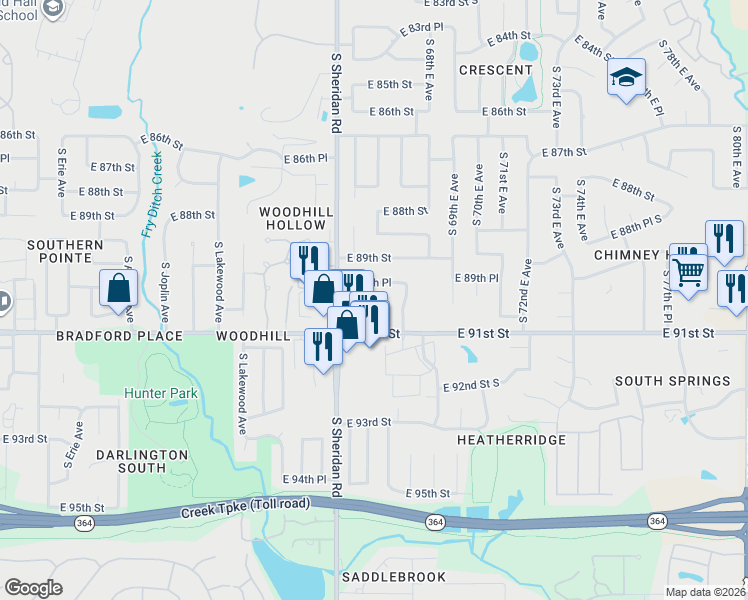 map of restaurants, bars, coffee shops, grocery stores, and more near 6527 East 90th Street in Tulsa