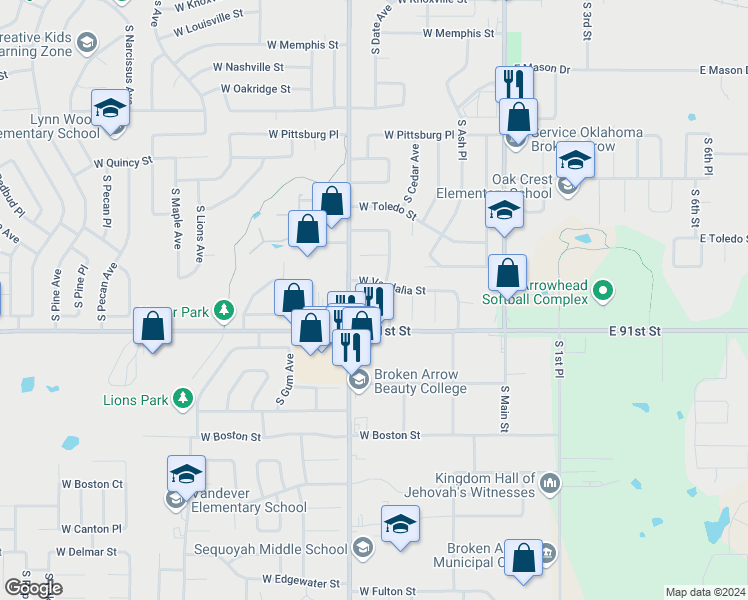 map of restaurants, bars, coffee shops, grocery stores, and more near 1806 South Date Avenue in Broken Arrow