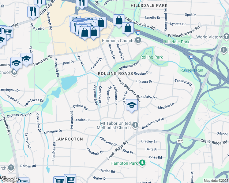 map of restaurants, bars, coffee shops, grocery stores, and more near 2512 Cherbonne Drive in Greensboro