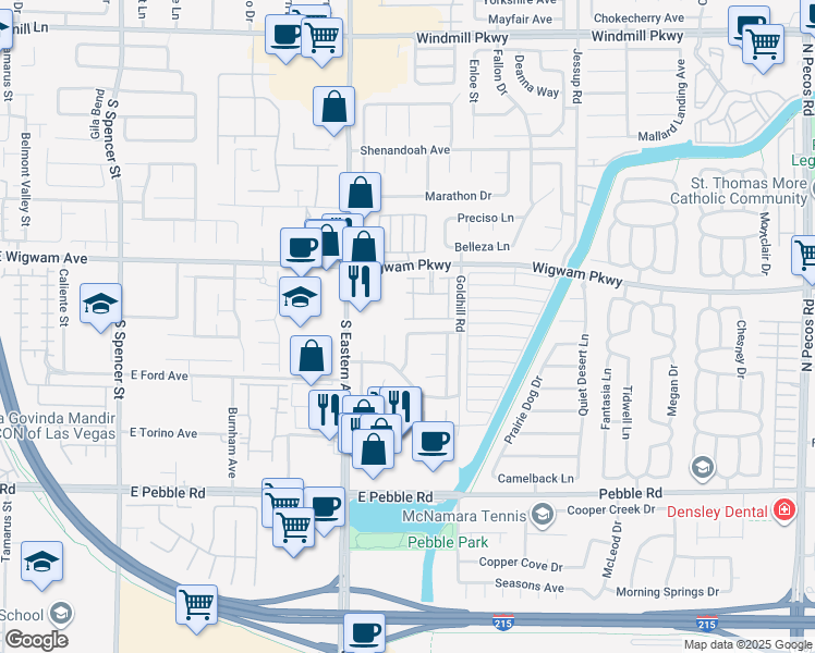 map of restaurants, bars, coffee shops, grocery stores, and more near 2504 Quail Canyon Avenue in Henderson