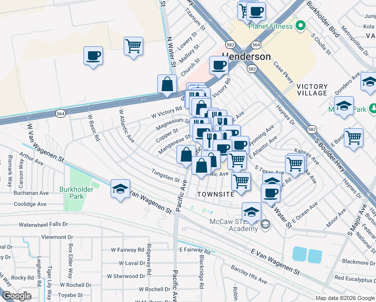 map of restaurants, bars, coffee shops, grocery stores, and more near 14 Magnesium Street in Henderson