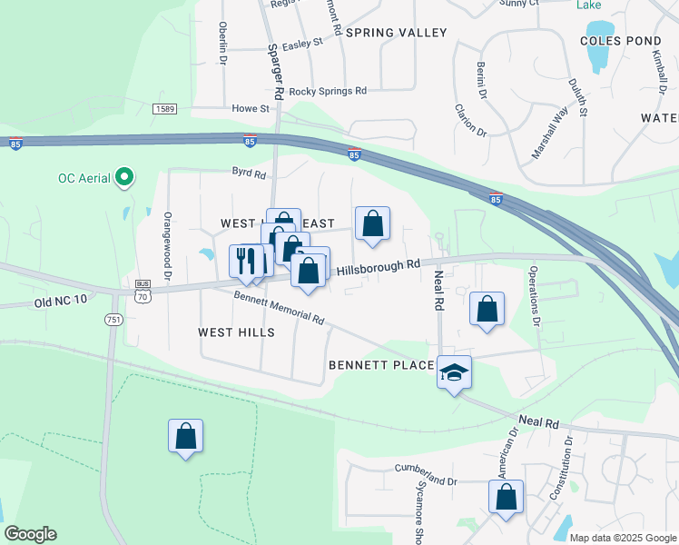 map of restaurants, bars, coffee shops, grocery stores, and more near 4611 Hillsborough Road in Durham