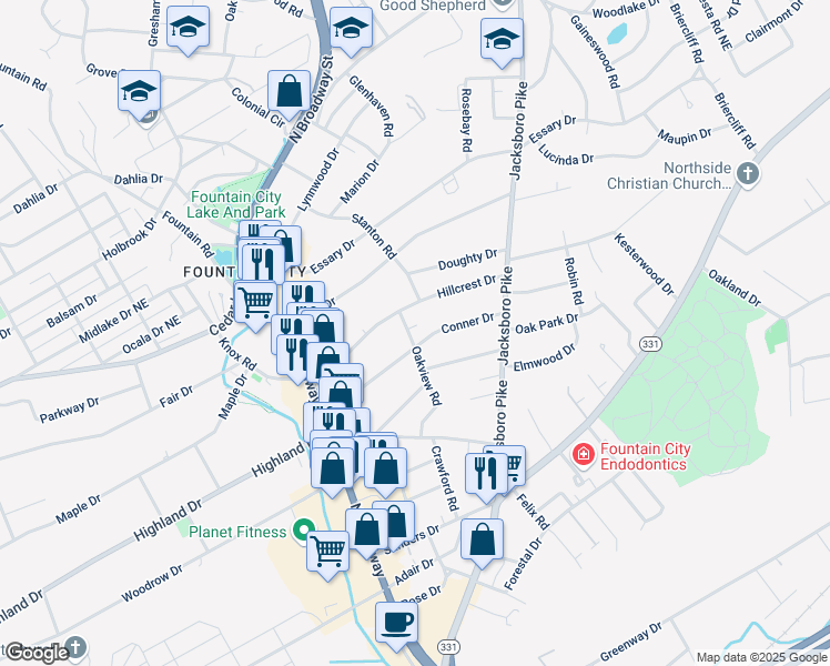 map of restaurants, bars, coffee shops, grocery stores, and more near 3019 Conner Drive in Knoxville