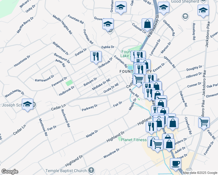 map of restaurants, bars, coffee shops, grocery stores, and more near 412 Ocala Drive Northeast in Knoxville