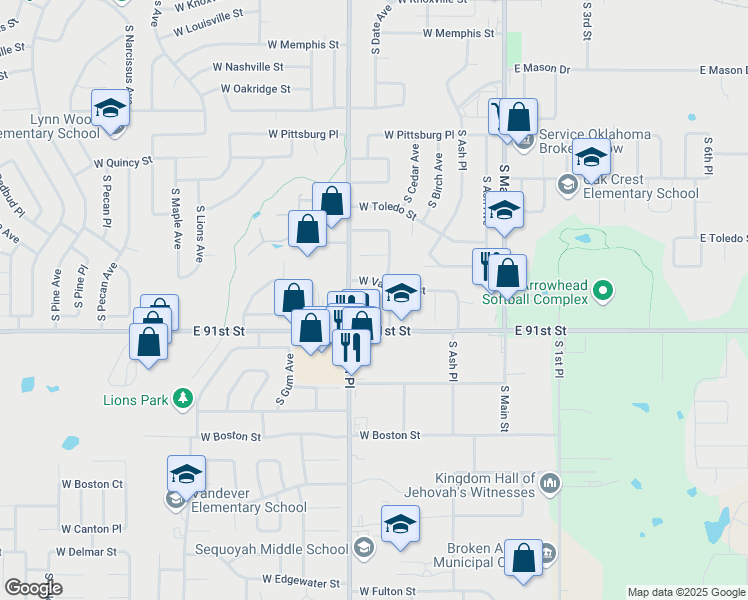map of restaurants, bars, coffee shops, grocery stores, and more near 1806 South Date Avenue in Broken Arrow