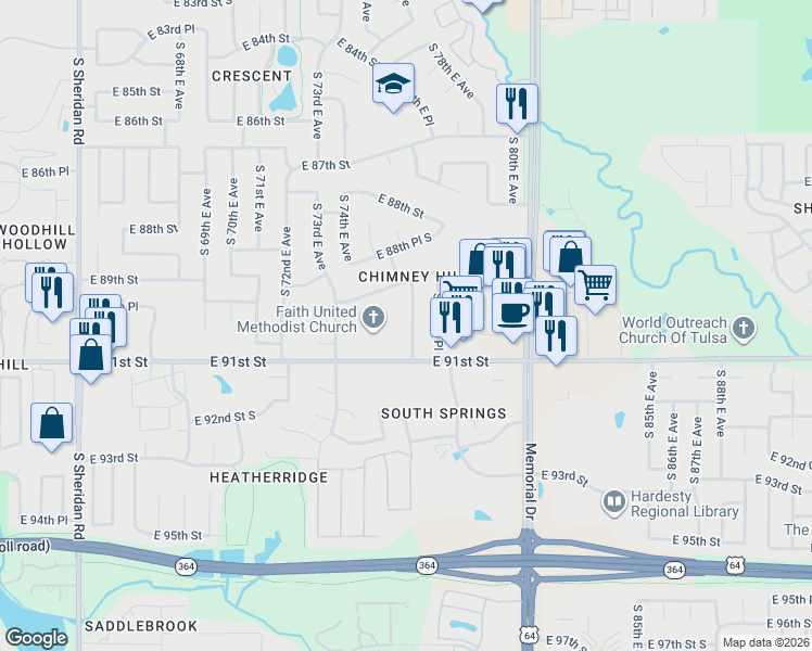 map of restaurants, bars, coffee shops, grocery stores, and more near 7431 East 91st Street in Tulsa